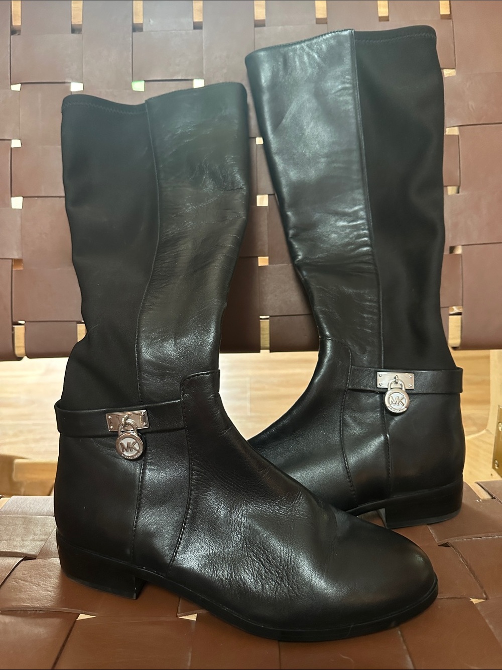 Michael Kors Black Leather Over-the-Knee Riding Boots with MK Charm